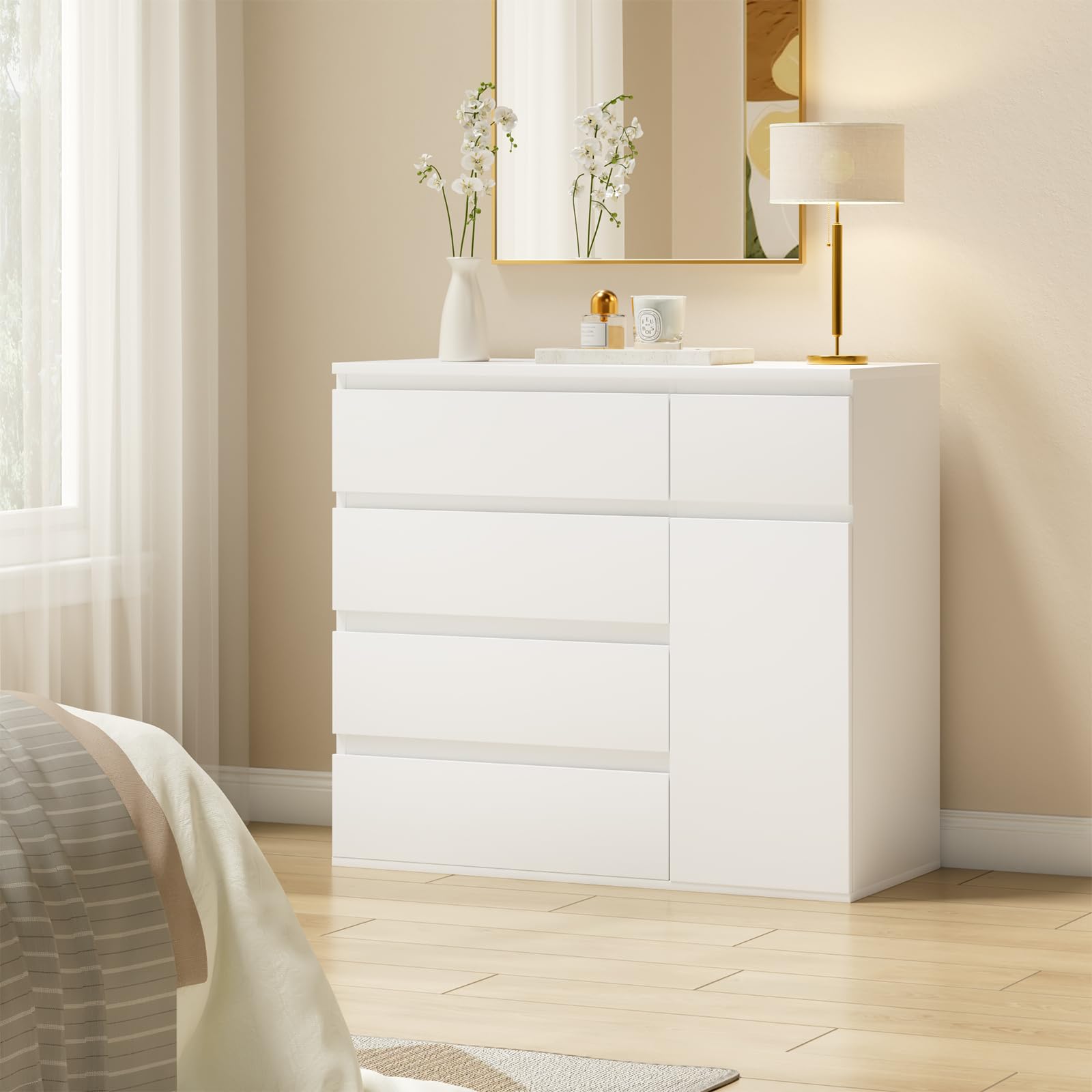 YOUDENOVA Kommode mit 5 Schubladen und 1 Tür, Weiß Holz Kommode für Schlafzimmer Flur Wohnzimmer, Komodenschrank 40cm Tief, Schubladenschrank 90 cm Breit, Modern Möbel, 90 x 40 x 80 cm