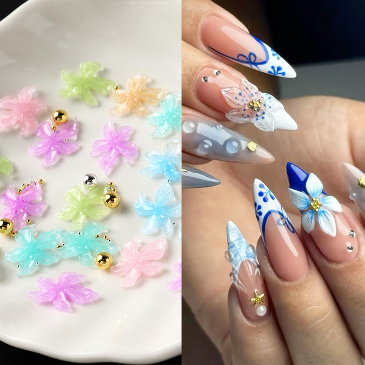100 dijes de uñas de flores de cristal y gemas de colores mezclados con diamantes de imitación florales de primavera 3D de flores hawaianas, joyería de uñas, cuentas doradas, dijes de arte de uñas 7