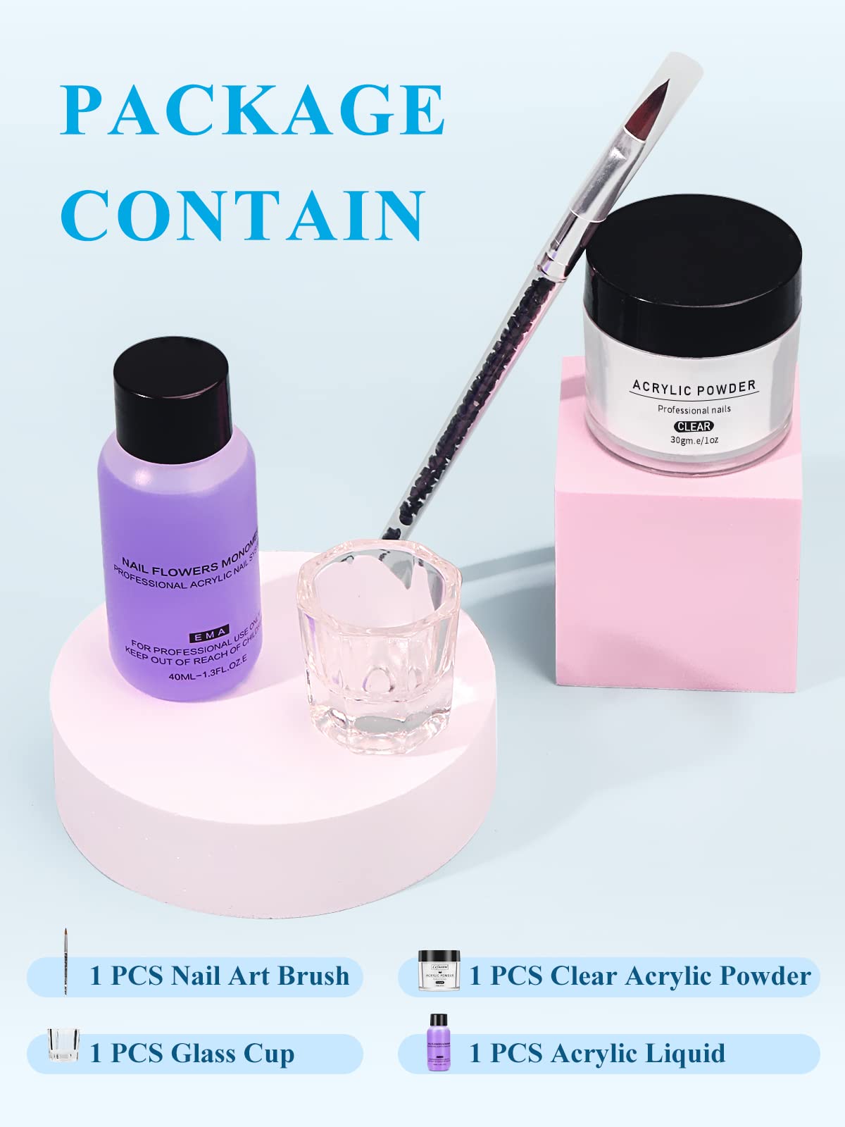 Yokilly Kit Acrilico Para Uñas: Kit Uñas Acrilicas Profesional - 30G Transparente Polvo Acrilico Para Uñas - Kit De Uñas Acrilicas Completo Con Pinceles Acrílicos