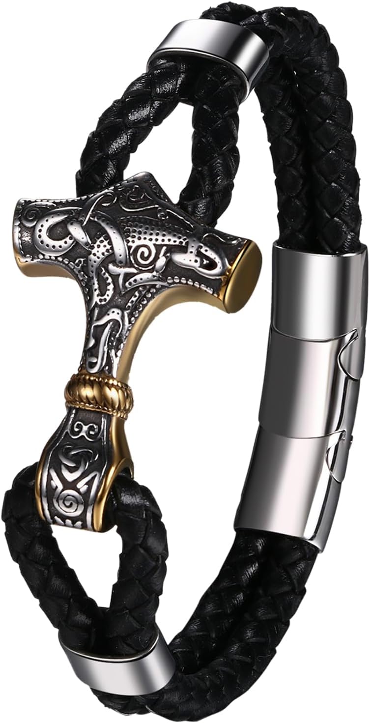 OIDEA Mens Vintage Thor's Hammer Bracelets: Gothic Punk Leather Braided Wrap Cuff Wristband with Buckle Norse Amulet Jewelry Gifts for Father Husband Lover and Friend