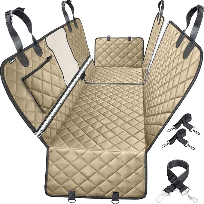 Image of 6-in-1 Dog Car Seat Cover for Back Seat, Waterproof Dog Car Hammock with Mesh Window, Non-Slip Pet Backseat Protector for Cars, Trucks and SUVs(Beige, 6 in 1 Dog CAR SEAT Cover)