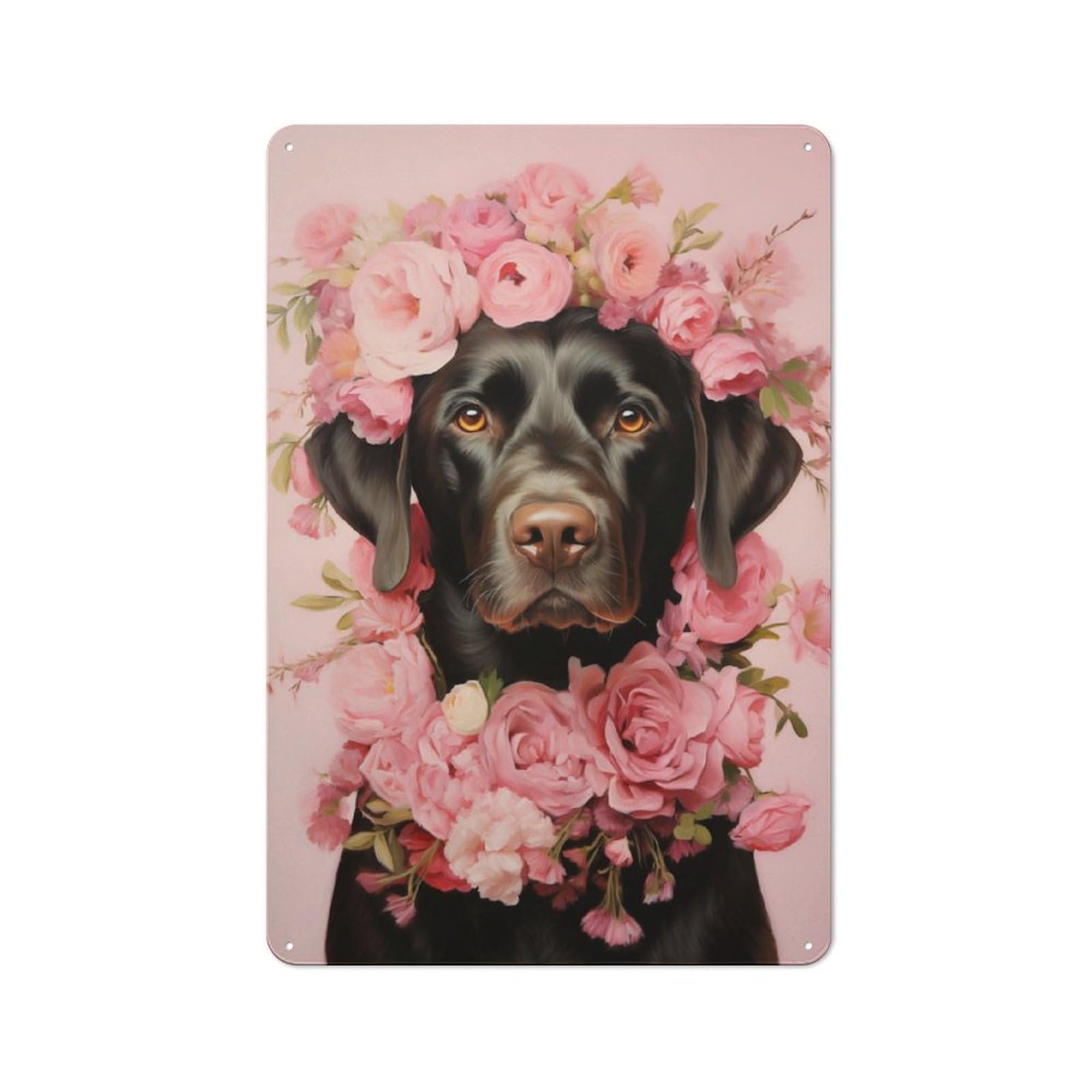 Junmoney Labrador With Pink Flowers Rustic Tin Wall Plaque 30X20cm For Living Room Wall, For Kitchen, Dining Room And Home Bar Wall Decor