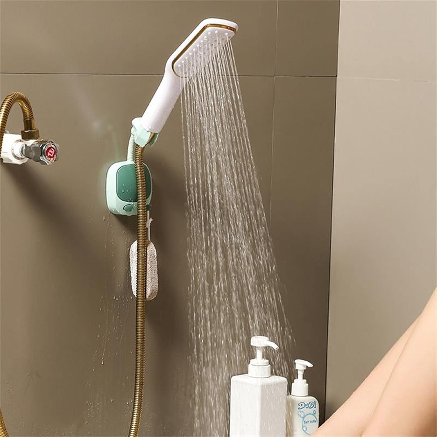 Punch-free Shower Holder Showerhead Bracket Wall Mount With 2 Hooks Stand 360° Adjustable Bathroom Universal Shower Bracket Shower installation bracket(Green)