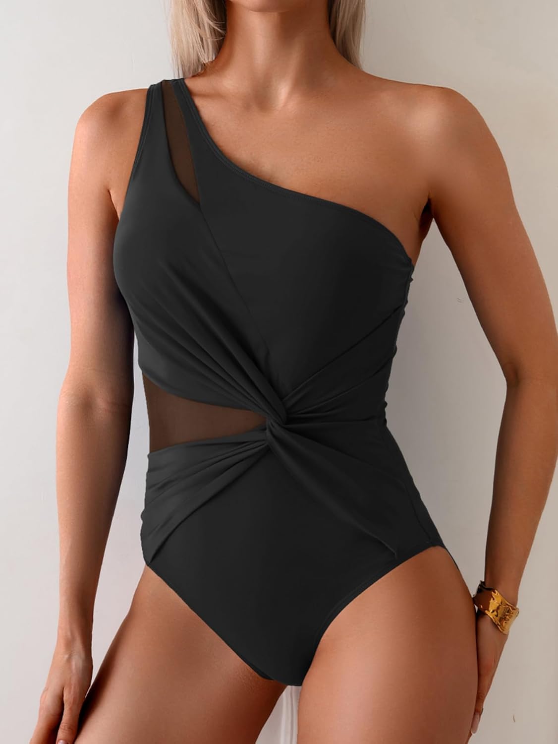 One Shoulder One Piece Swimsuit for Women Mesh Tummy Control Bathing Suit Twist Swimwear with Removable Strap - Image 4