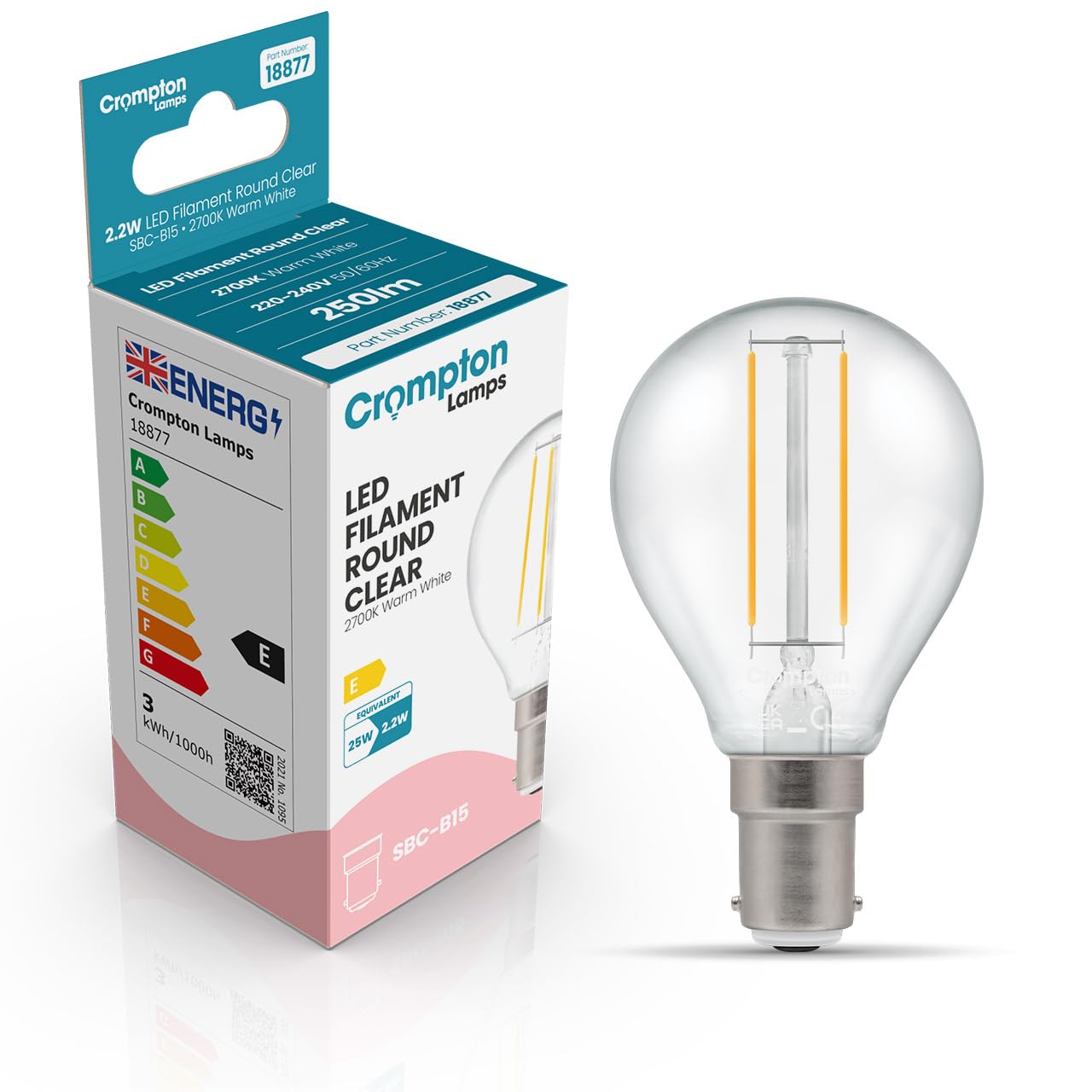 Crompton Lamps Filament Golfball LED Light Bulb SBC-B15d | 2.2W = 25W Equivalent | Warm White 2700K | Energy Efficient | Small Bayonet Lightbulb | Long Life 15,000-Hrs | Clear Glass