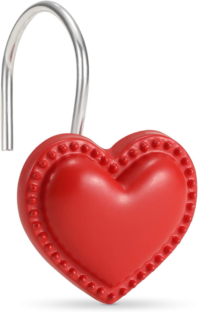 CHICTIE Red Heart Shower Curtain Hooks Rings,Set of 12 Decorative Shower Curtain Hooks,Valentines Day Stainless Steel Rust Resistant Shower Rings for Bathroom Curtains Rods