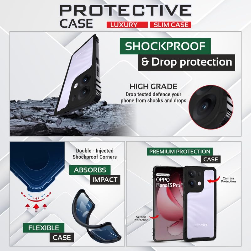 Image of AIBEX Crystal Clear Back Cover for Oppo Reno 13 Pro 5G | Transparent Non-Yellowing Case | Shockproof 360 Protection | Slim Fit Bumper with PC & TPU Design