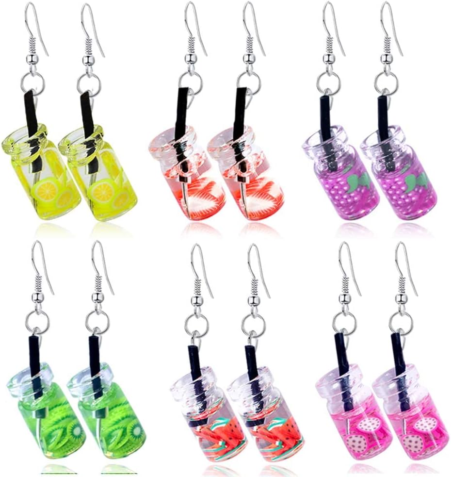 6 Pairs Cute Pearl Milk Tea Dangle Earrings Tea Drop Earrings Women Funny Creative Unique Earring set