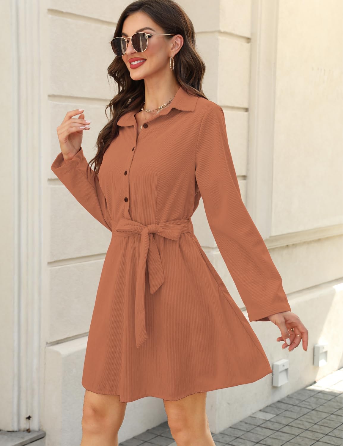 FANCYINN Women Long Sleeve Plaid Pattern Tunic Tops Shirt Casual Dress - Image 2