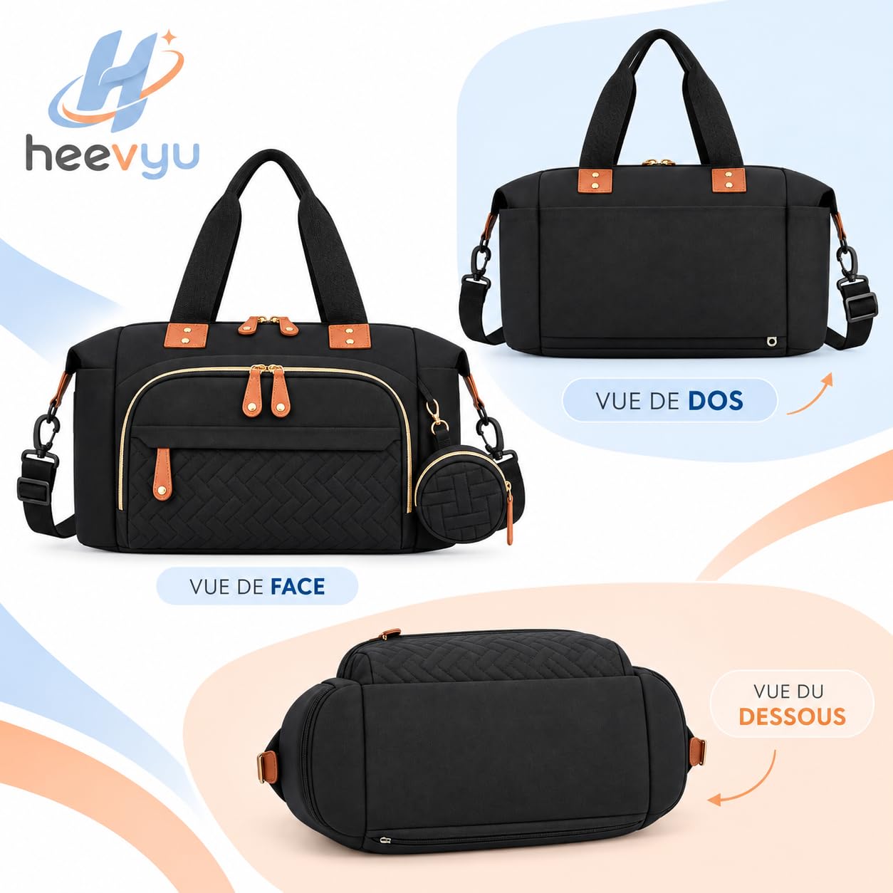 Borsa per pannolini per bambini, grande capacità, impermeabile, portatile, con spallacci per passeggino, nero, isolata