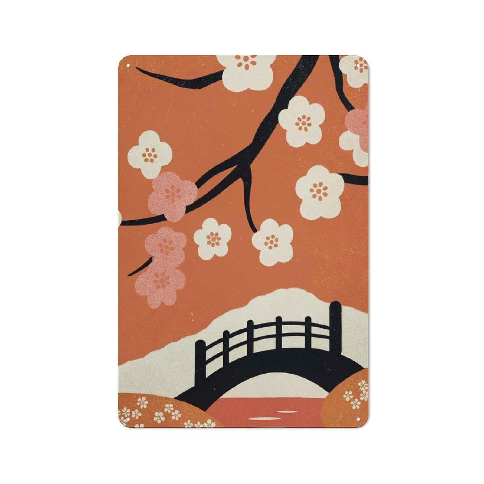 Junmoney Cherry Blossom Bridge Tin Wall Plaque 30X20cm, Rustic Farmhouse Wall Decor For Dining Room, Cafe, Entryway Or Family Room