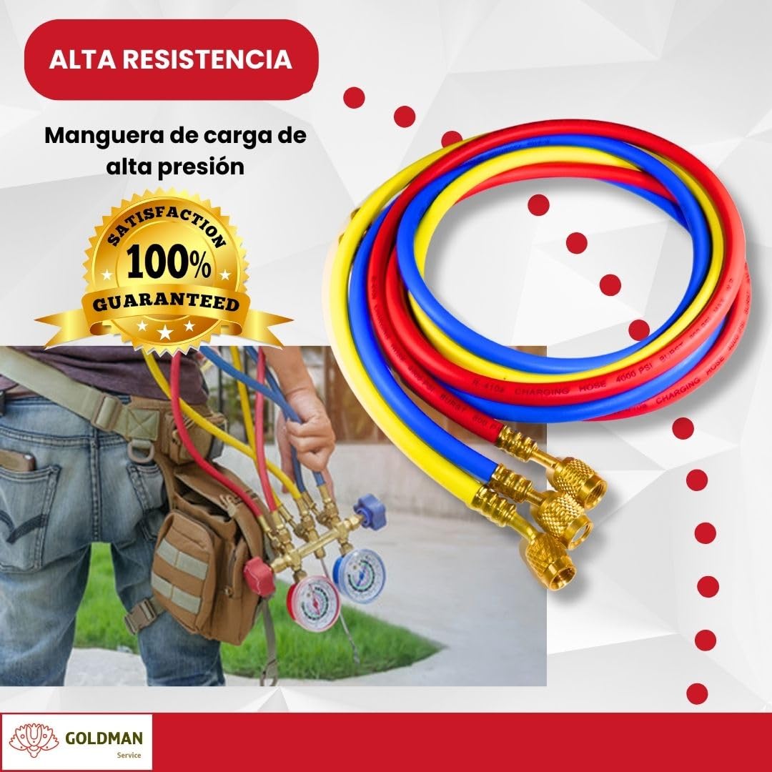 GOLDMAN SERVICE | Set de 3 Mangueras Recarga Alta Presión Gas Refrigerante R410a de Aire Acondicionado | Largo 150 centímetros, 60 Pulgadas