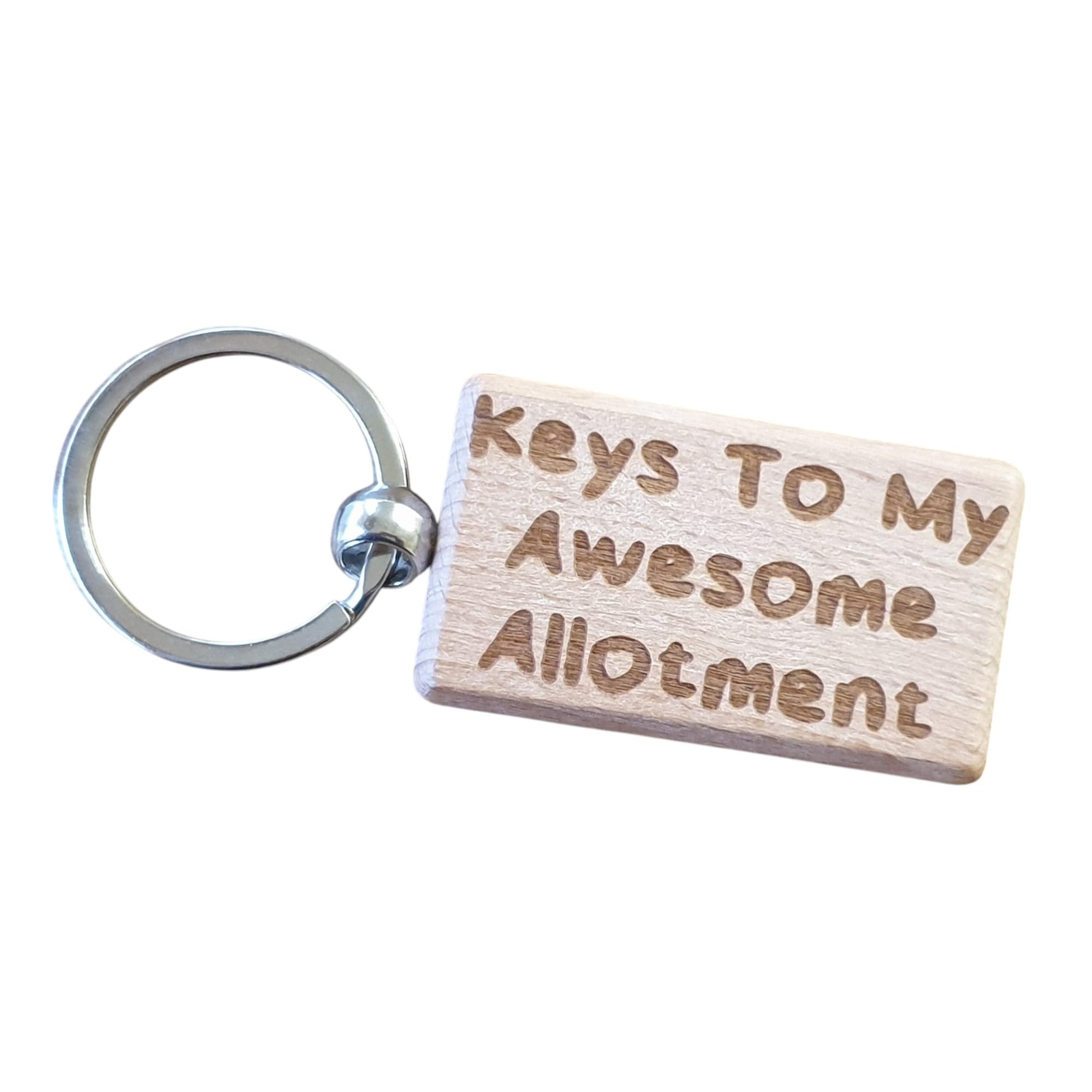 Decalarama Brown Allotment Keyring Gift Keys To My Awesome Allotment Cute Engraved Wooden Key Fob Novelty Custom Gardening Present