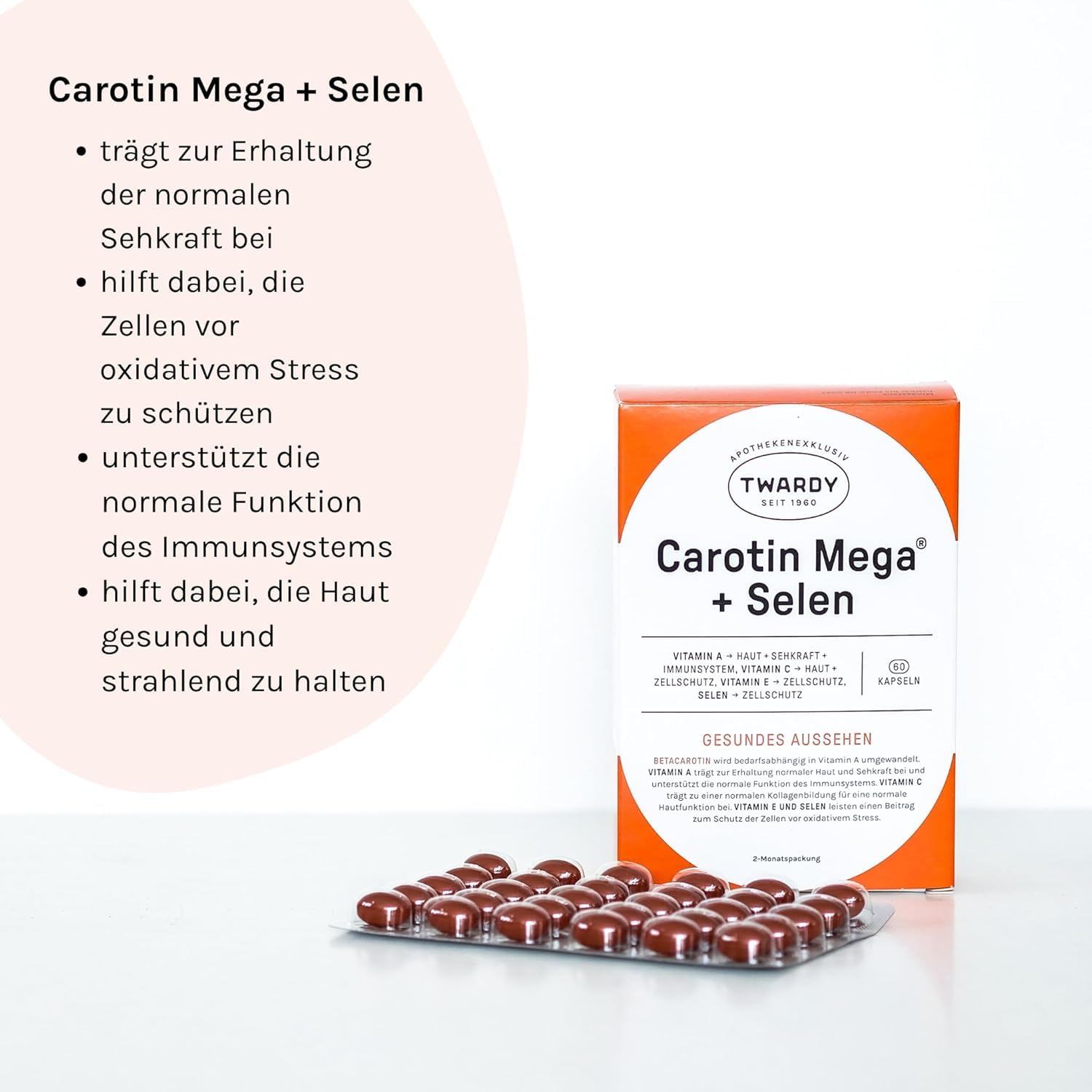 Astrid Twardy Carotin Mega+Selen Kapseln Anti-Aging & Zellschutz mit Betacarotin (Provitamin A), Vitamin C & E, Selen für gesunde, strahlende Haut & Immunabwehr, Nahrungsergänzungsmittel 60 Kapseln