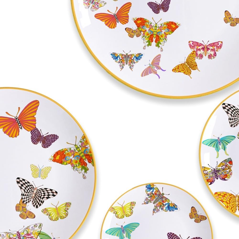 Talerze obiadowe, Boże Narodzenie, zastawa stołowa, miski i talerze, porcelana kostna, talerze obiadowe, miski i talerze, zestaw 4 płaskich talerzy motylkowych, ze złotymi wykończeniami, talerze