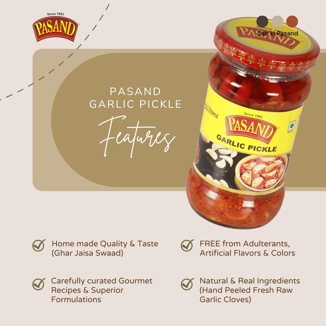 Pasand Garlic Pickle – Lehsun Aachaar | 280g Glass Jar | Hand Peeled Kathiawari Garlic Cloves | Bold, Spicy & Authentic Taste | Traditional Indian Pickle