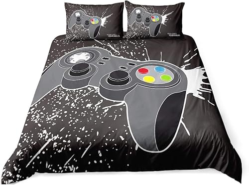 Miniatura 10 de Juego de ropa de cama con diseño moderno de consola de videojuegos en 3D, funda de edredón con funda de edredón para niños y adultos (03, individual)
