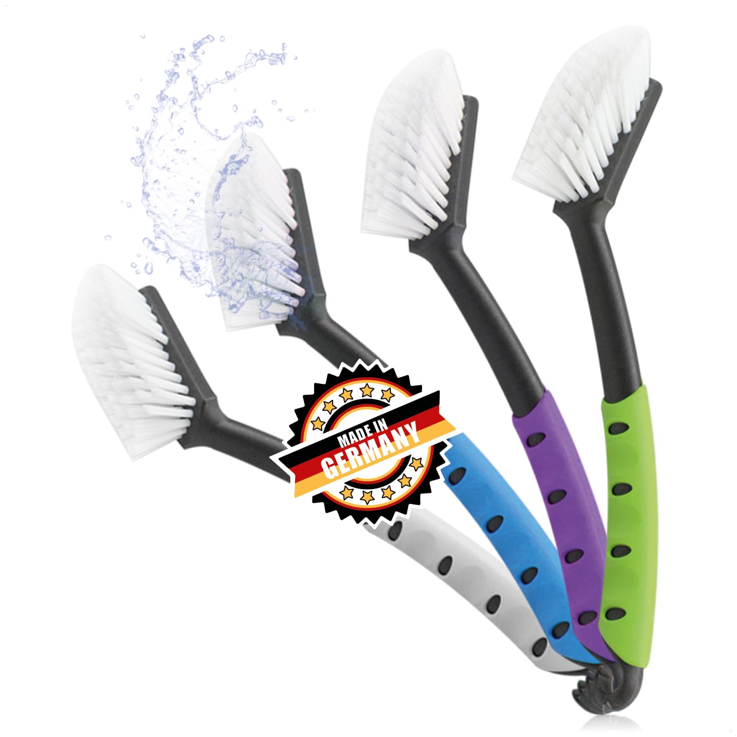 com-four® 4X Spülbürste - Küchenbürste mit robusten Nylonborsten - Geschirrbürste 29 cm Länge - Abwaschbürste aus Kunststoff - Lange Pfannenbürste - Made IN Germany (4 Stück - grün/weiß/Azur/Berry)