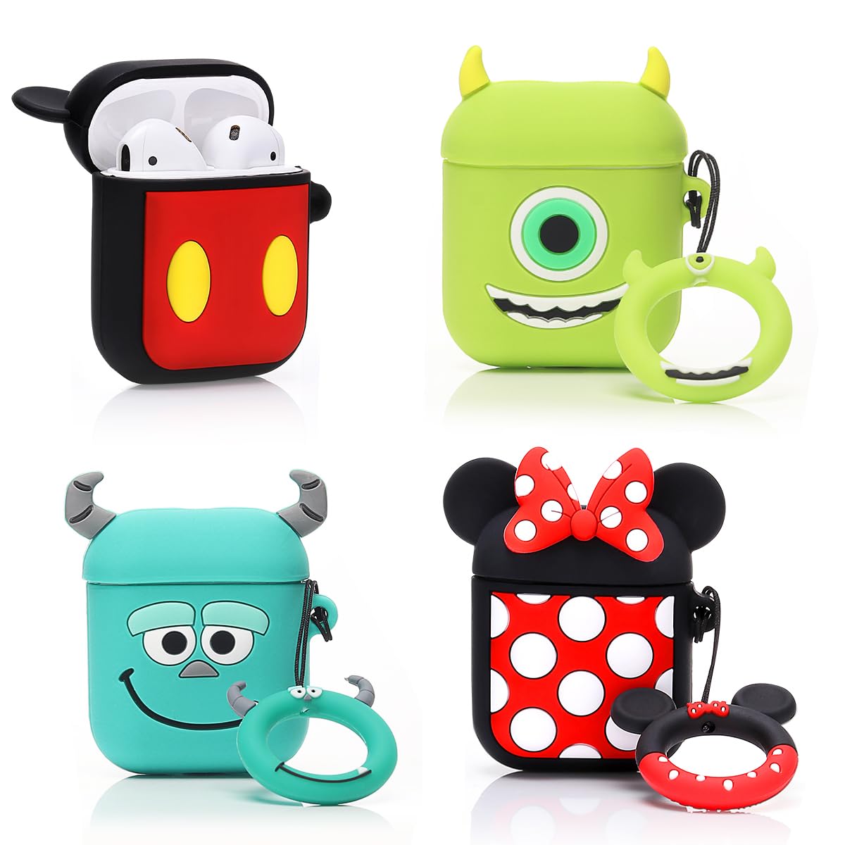 (4Pack) Case for AirPods 2nd/1st Generation(2019/2016) Earbuds, Suublg Silicone Case Protective Cover with Cute Cartoon Skin Design for AirPods 1/2, with Carabiner (MN+MC+MrQ+Monster)