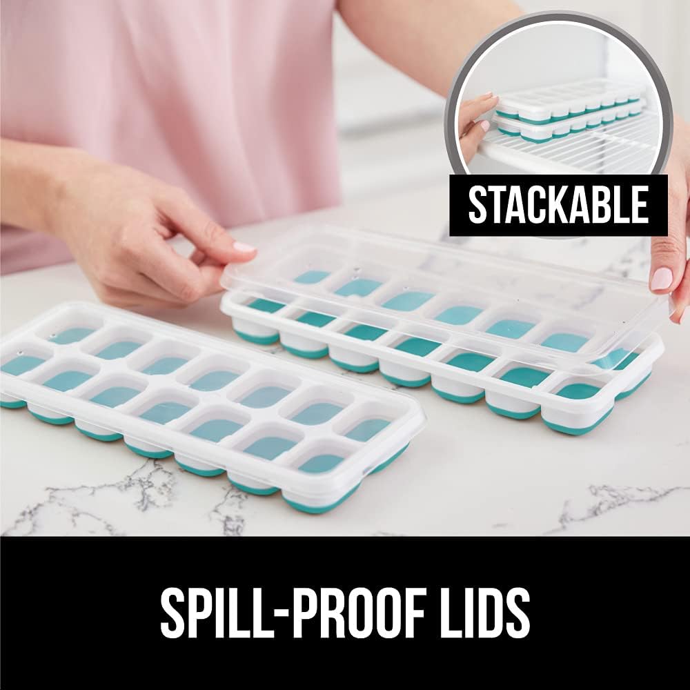 Gorilla Grip Easy Release Flexible Silicone Ice Cube Trays, Spill Proof Lid Cover, Makes 14 Ice Cubes Each, Stackable in Freezer, No Water Spills, Great for Iced Coffee and Cocktail, 2 Pack, Turquoise