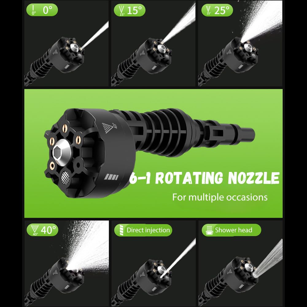 Pulitore ad alta pressione senza fili con 65 Bar & 6 modalità spray (Verde) | Ugello portatile 6 in 1 per auto, pistola ad acqua lavaggio auto con batterie, raccordo rubinetto per auto, Jardi