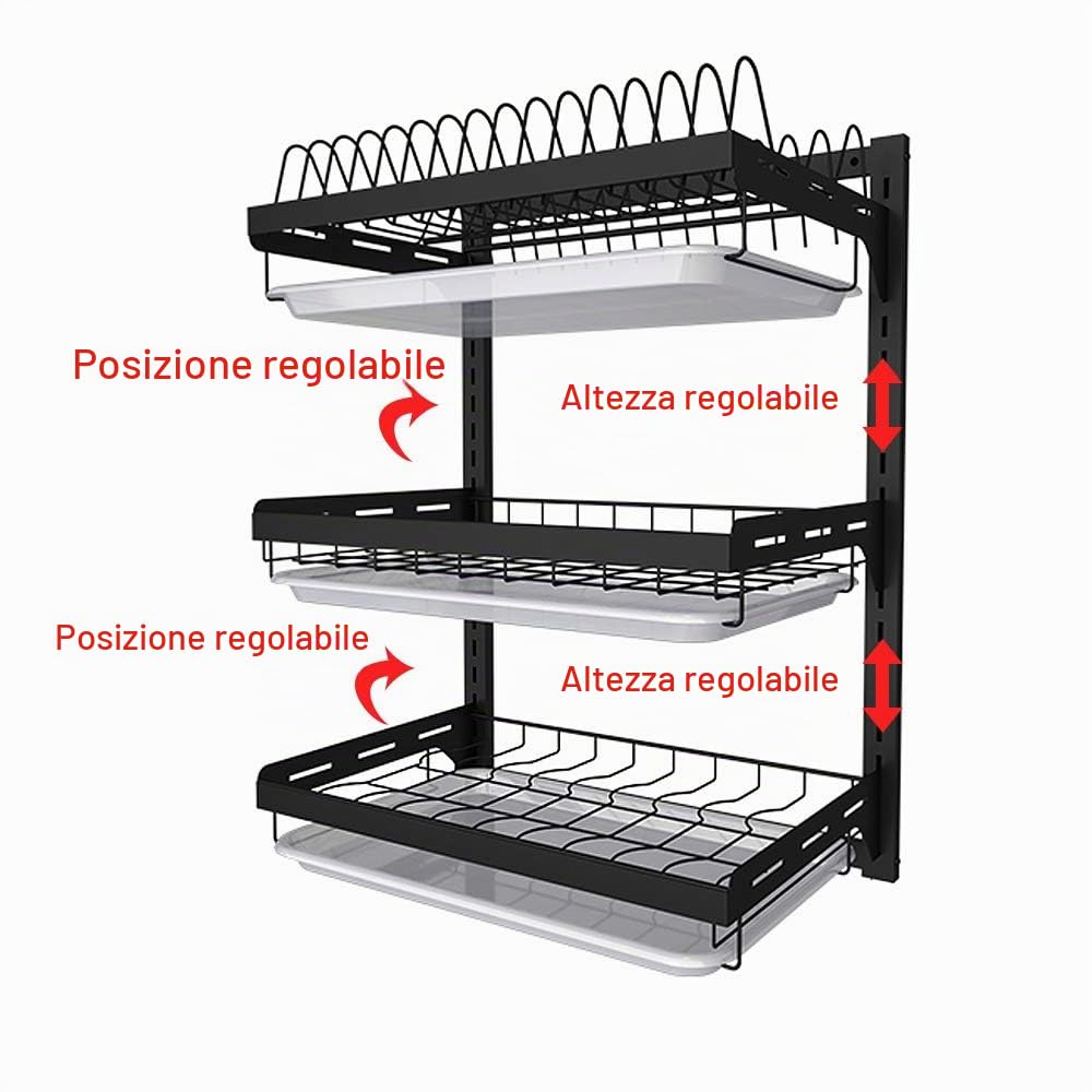junyuan Scolapiatti da appendere a parete, scolapiatti a 3 ripiani, con vassoio di scarico con 3 ganci, in acciaio inox, nero, grande, altezza regolabile