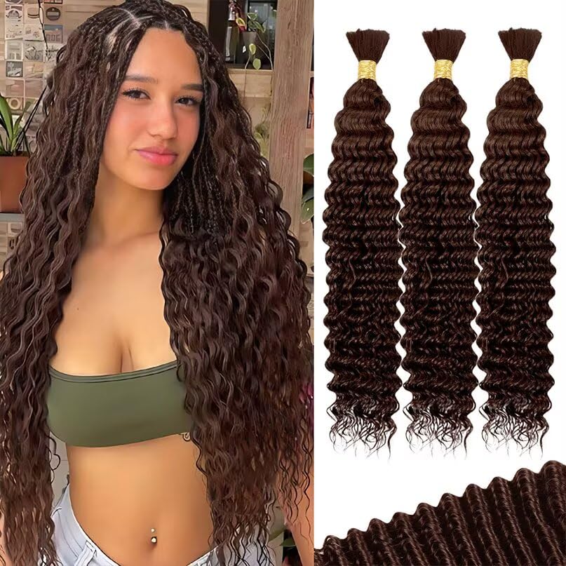 Chocolate Brown Human Braiding Hair for Boho Braids 3 Bundles 20 Inch 100g 12A Deep Wave Braiding Hair for Bohemian Knotless Braids 100% Unprocessed Virgin Bulk Hair Extensions No Weft #4