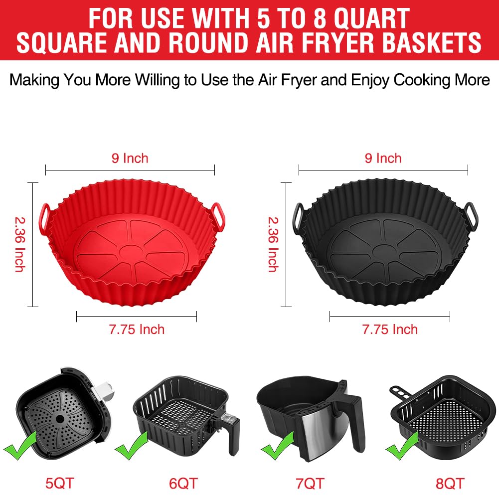 Forros redondos de silicona para freidora de aire, paquete de 2 bandejas reutilizables para hornear, accesorios para horno, rojo y negro