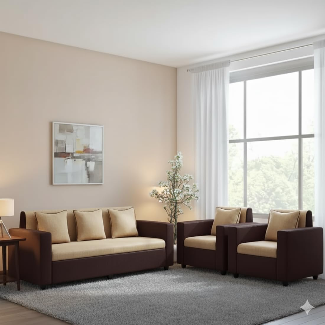 5 Seater Fabric Sofa Set for Living Room Furniture | 3 + 1 + 1 Sofa Set | Sofa for Home & Office | Fabric Sofa Set for Living Room | Brown & Cream-image-12