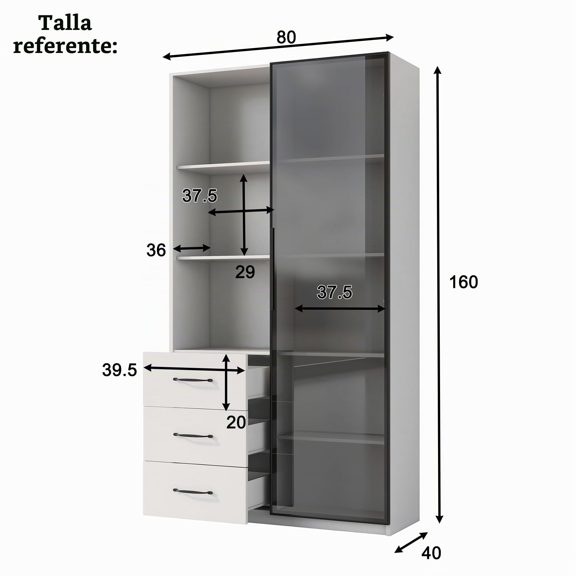 Merax Vitrina LED de 80 x 40 x 160 cm, estantería con puerta de cristal templado, 3 cajones y 3 compartimentos abiertos, marco de aluminio, LED multicolor, armario de cocina, color blanco