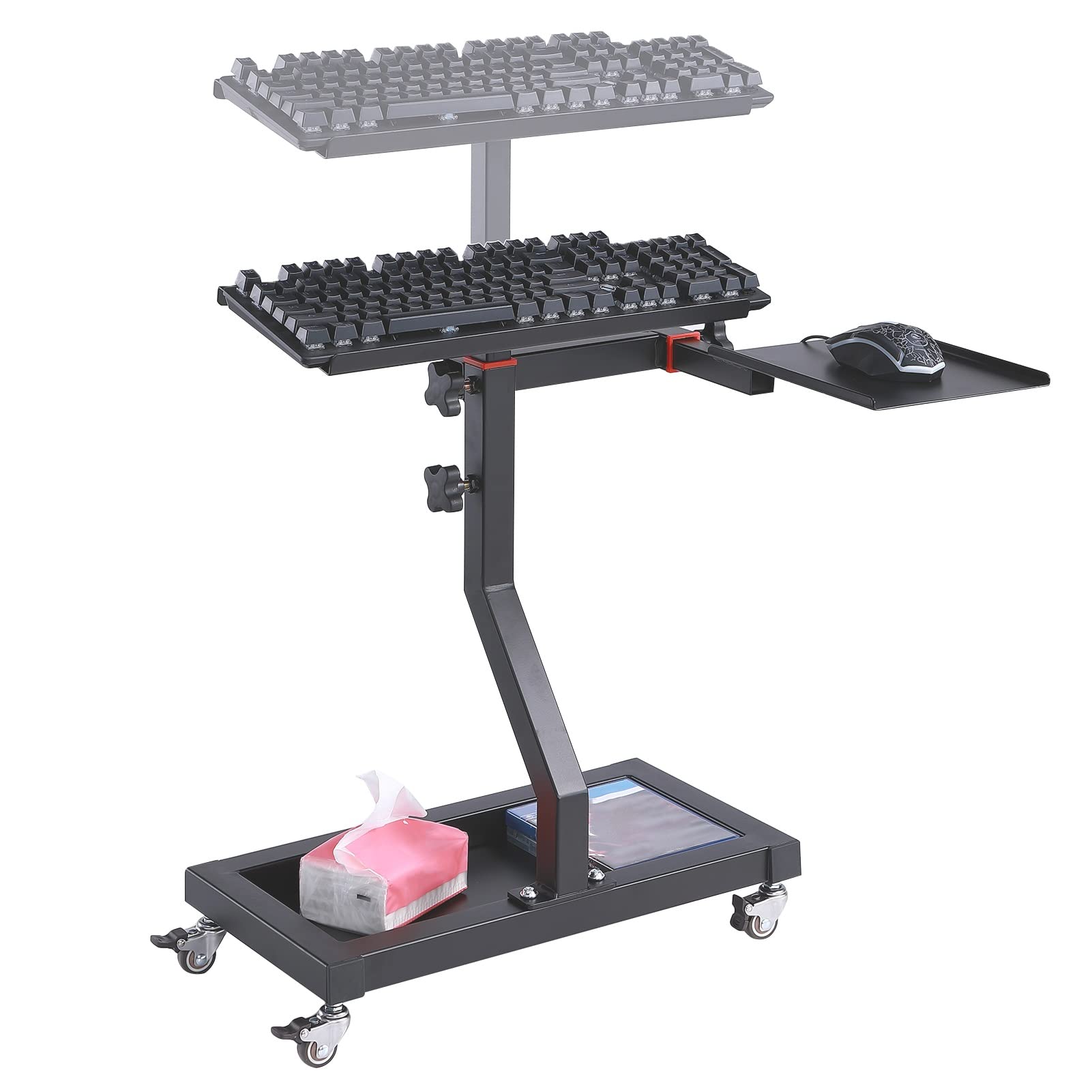 Bandeja De Soporte para Teclado Y Ratón, Escritorio De Pie De Altura Ajustable con 4 Ruedas, Soporte para Teclado De Carreras con Ruedas, Fácil De Mover Y Montar,