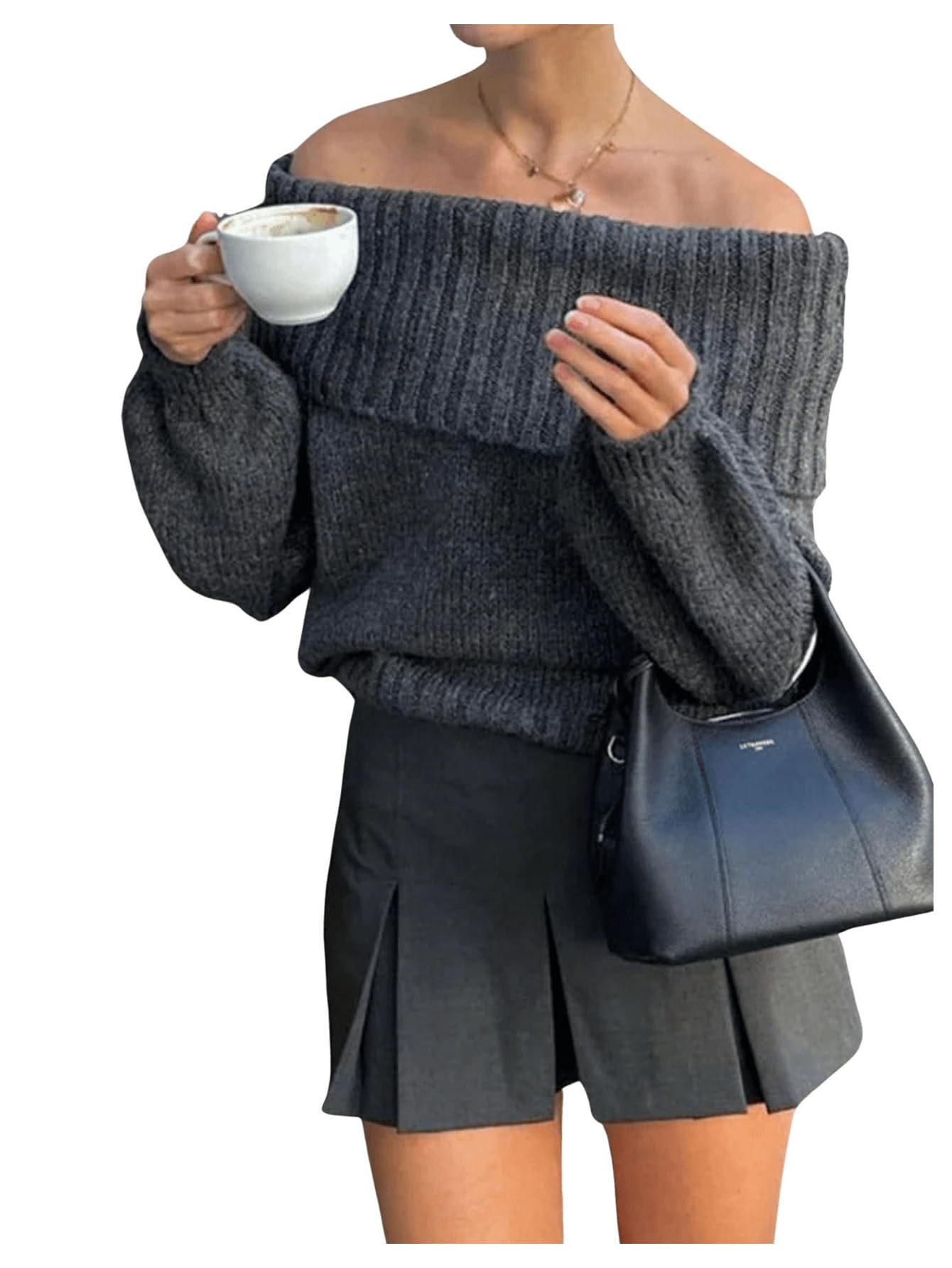 Floerns Womens Off Shoulder Sweater Long Bishop Sleeve Foldover Knitted Pullover Sweaters