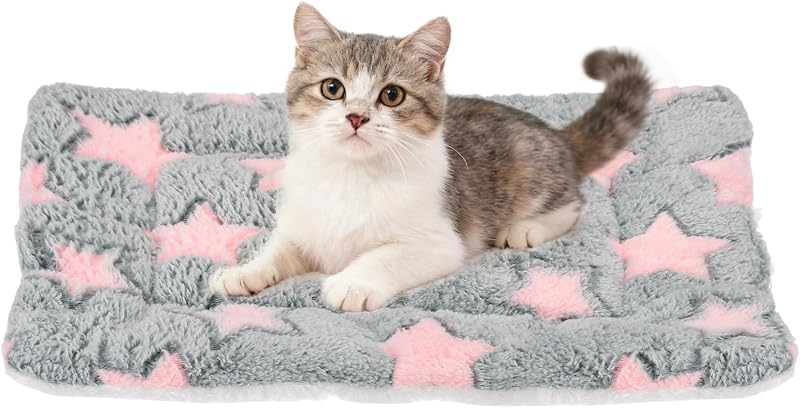 Colchonete para Gatos e Cães em Coral Fleece com Estampa de Estrelas, Lavável, Cinza e Rosa, 33 x 25 cm