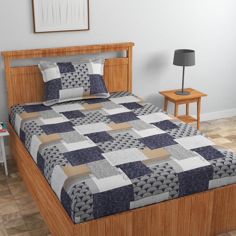 Image of NEW LEAF Pure Cotton 220 tc Flat Single Bedsheets for Summer Breathable | Wrinklefree | Super Soft (Size-60 X 90 Inch) with 1 Pillow Covers (Size-17 X 27 Inches, Floral, Black Grey