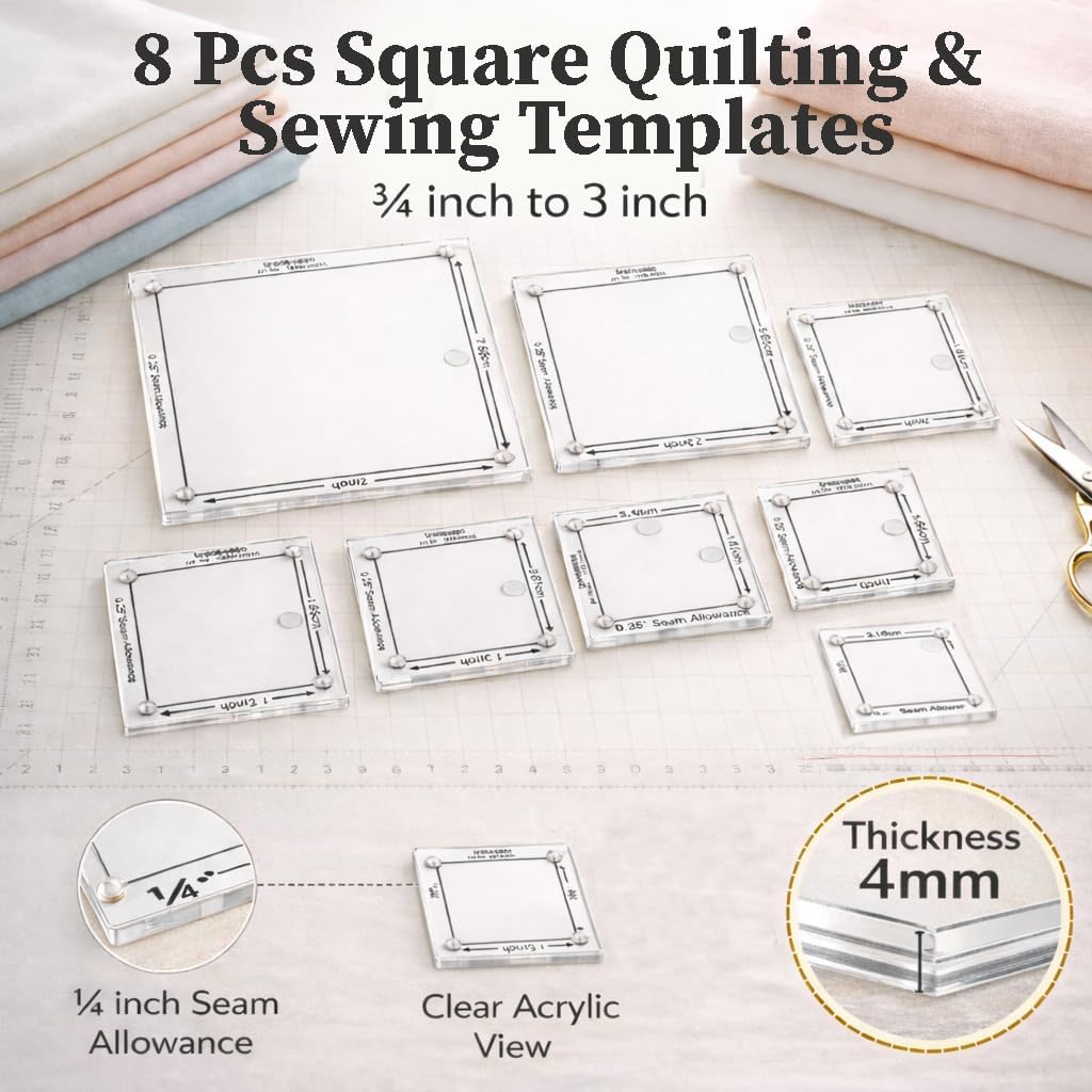 Traceease Square Quilting Template Set – 8 Pc (3/4”–3”) 4mm Thick Clear Acrylic Patchwork Rulers with 1/4” Seam Allowance for EPP, Quilt Blocks & Precision Fabric Cutting