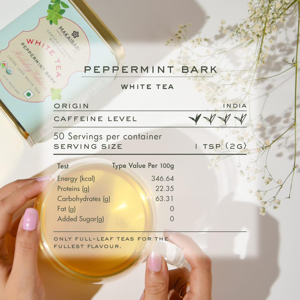 Makaibari Holiday Edition : White Peppermint Bark | Premium White Tea | Anti-Oxidants, Immunity Booster, Low Caffeine | Supports Healthy Skin | Tin Caddy | 50g 3