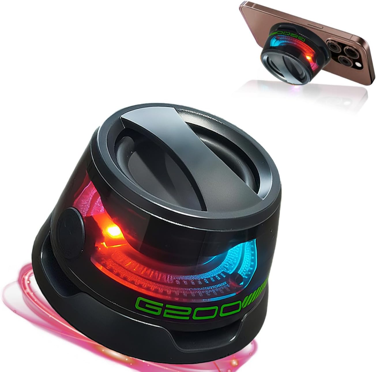 G200 Magnetic Bluetooth Speaker, Wireless Portable Mini Speaker with RGB Light, Strong Magnetic Base & Phone Stand, 2-Inch Mini Stereo Sound for Home, Outdoor, Travel, Party, Two-Pack in Black - Image 2