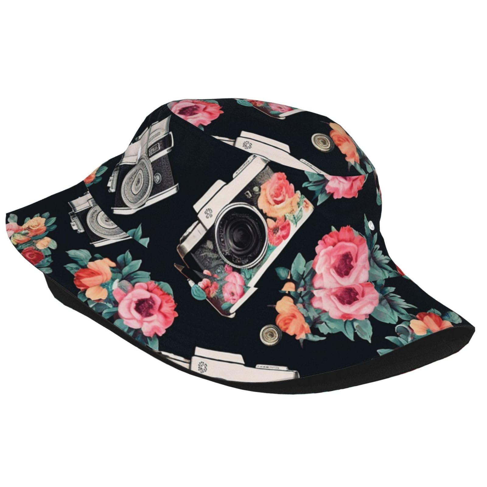 Unisex Cute Bucket Hat Summer Travel Fisherman Cap Flower Camera Beach Travel Sun Hat Outdoor Cap Black