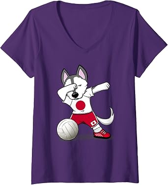 Women's Dabbing Husky Japan Volleyball Fans Jersey - Japanese Flag V-Neck T-Shirt