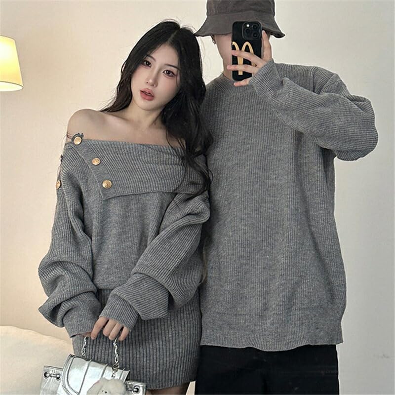 [ジュタオピン] ペアルック カップル セーター 秋冬 ニット オフショル ワンピース お揃い コーデ 長袖 秋 冬 メンズ トップ