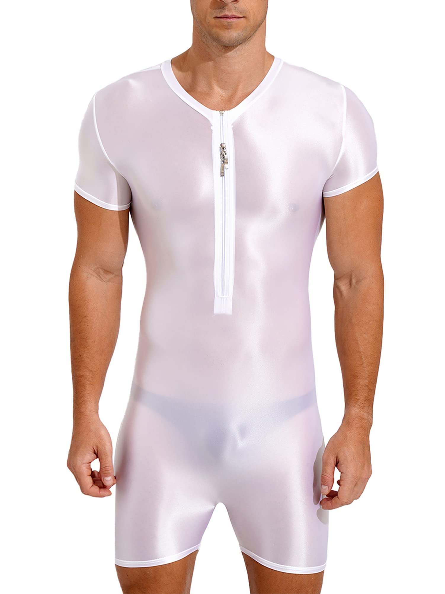 CHICTRY Men's One-Piece Short Sleeve Workout Bodysuit Zipper Front Leotard Wrestling Singlet Unitard White M โ image 1