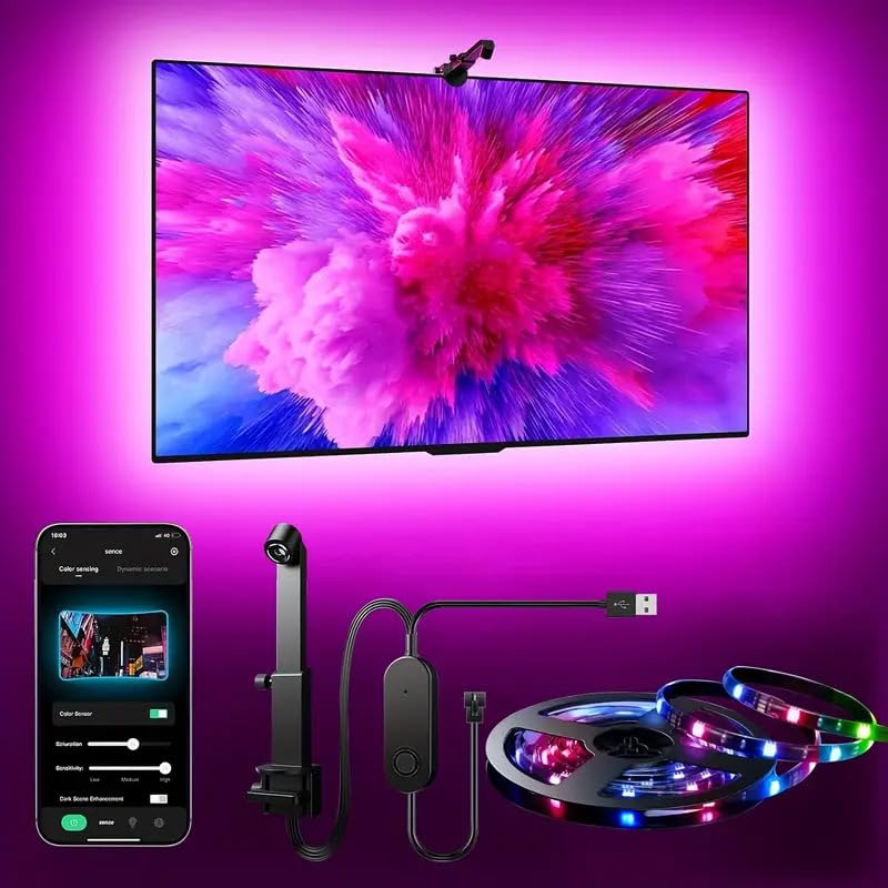 Smart TV LED Backlight with Camera for 55-65 inch Screens, 13.78ft LED Strip Lights Sync to Screen& Music, for TV Work with Color Changing Lights