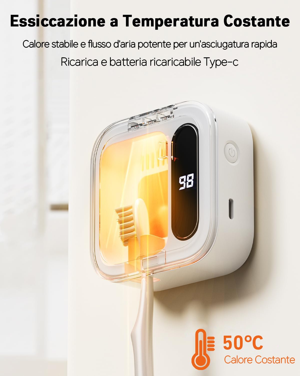 Sterilizzatore per Spazzolini da Denti Doppia UV-C e UV-A, Supporto per Spazzolini da Denti a Parete con Funzione di Asciugatura ad Aria, Ideale per Bagno, Uso Personale e Viaggio (Bianco1)