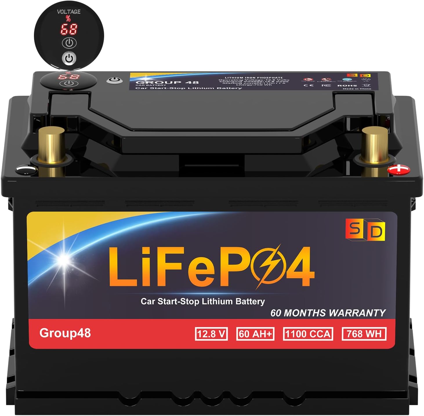 LiFePO4 Lithium Car Battery Start-Stop GROUP 48, 12.8V 60Ah 1100CCA Automotive Battery for Car, Truck with LED Display Power and Emergency Start Button