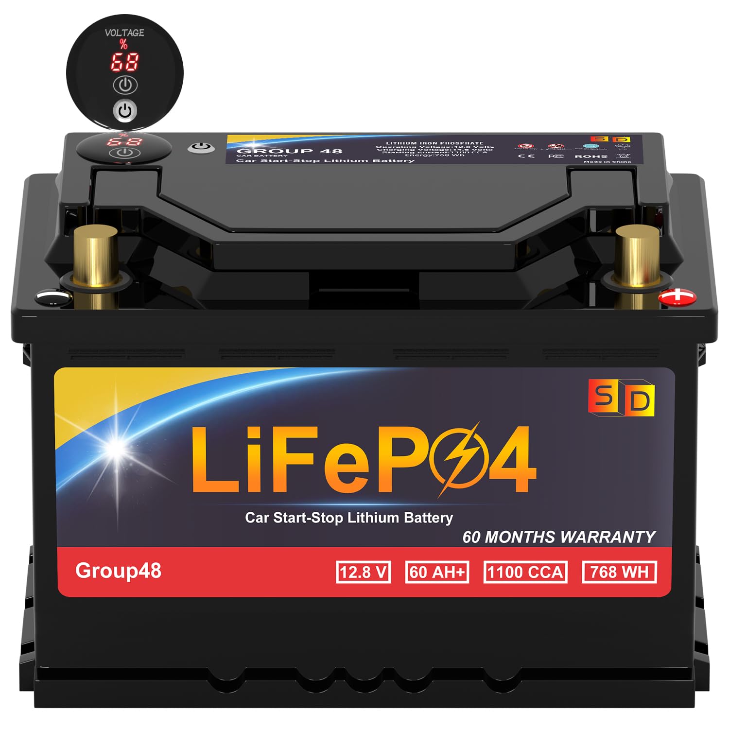 Lithium Car Battery Start-Stop GROUP 48, 12.8V 60Ah 1100CCA LiFePO4 Automotive Battery For Car, With LED Display Power and Emergency Start Button