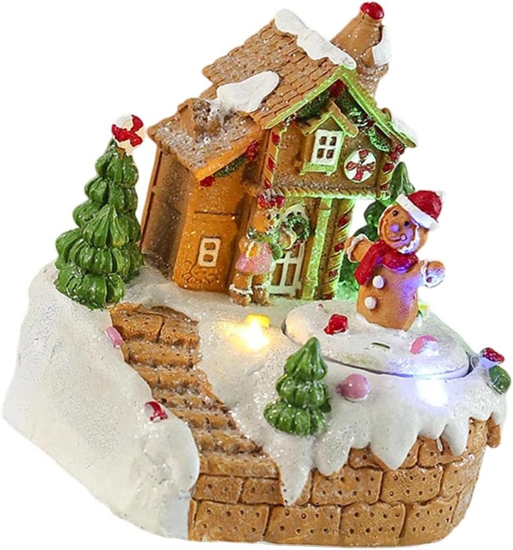 Resin Rotating Music Figurine Snow House Scene Ornament For Desktop Christmas Desktop Decoration With LED Light