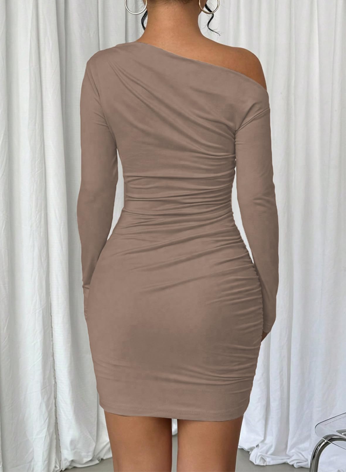 Acelitt Fall Off the Shoulder Dresses for Women 2025 Long Sleeve Ruched Bodycon Cocktail Party Mini Dress(Size Down): Medium Dark Khaki