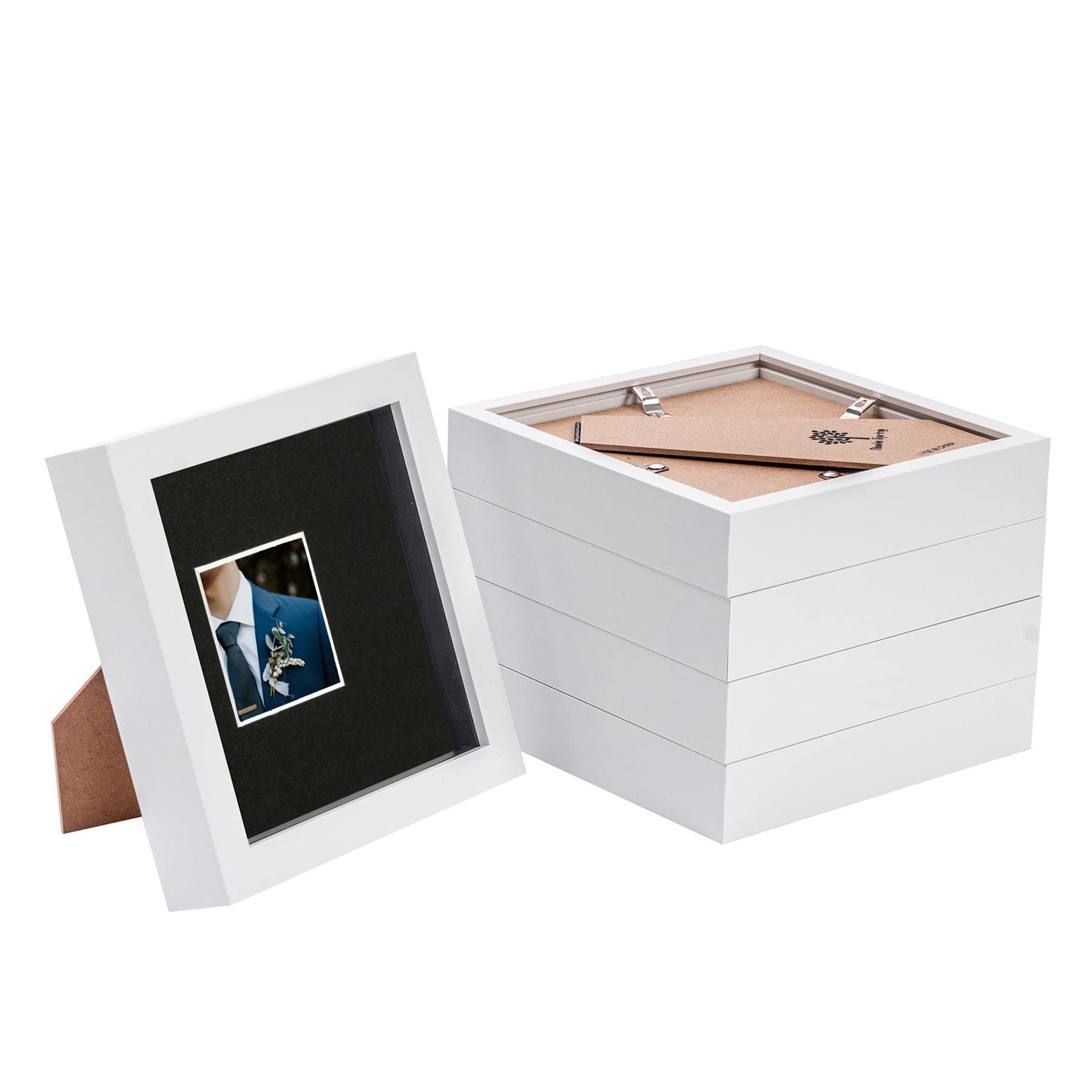 Nicola Spring 5 Piece 6 x 6 3D Shadow Box Photo Frame Set - Craft Display Picture Frame with 2 x 2 Mount - Glass Aperture - White/Black