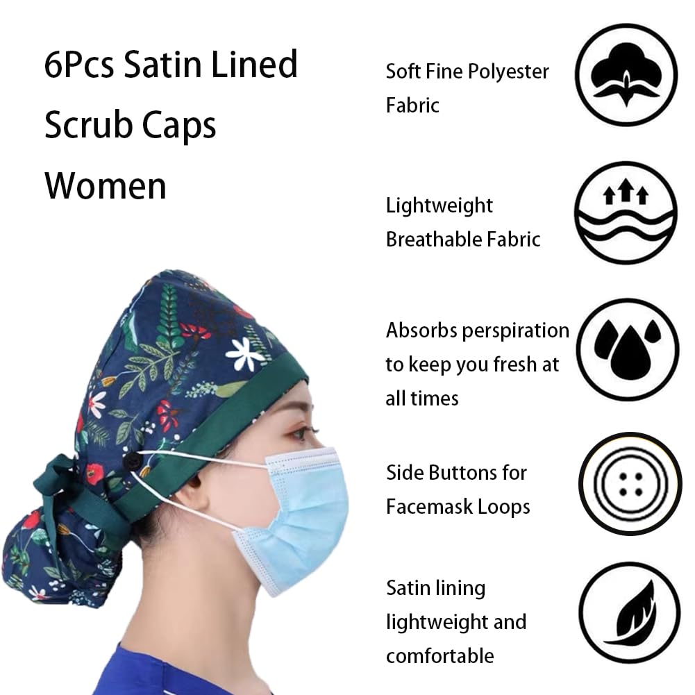 6PCS OP Hauben Damen mit Satinfutter, Verstellbar OP Haube Stoff mit Knopf, Pferdeschwanz Schrubben Kappe mit Baumwolle Schweißband, Arbeitskappe, Baumwolldruck Chirurgische, Satin Haarhaube Kochmütze