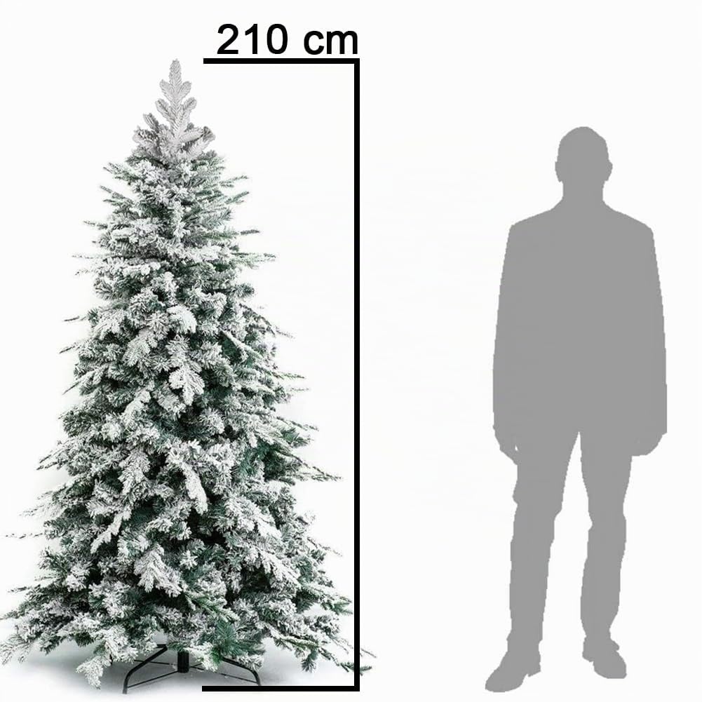 BAKAJI Árbol de Navidad ártico nevado Muy frondoso, Muy Completo, Ramas de Pino Flocado, decoración navideña Blanca, Montaje Sencillo, Apertura Paraguas, Muy frondoso, 210 cm